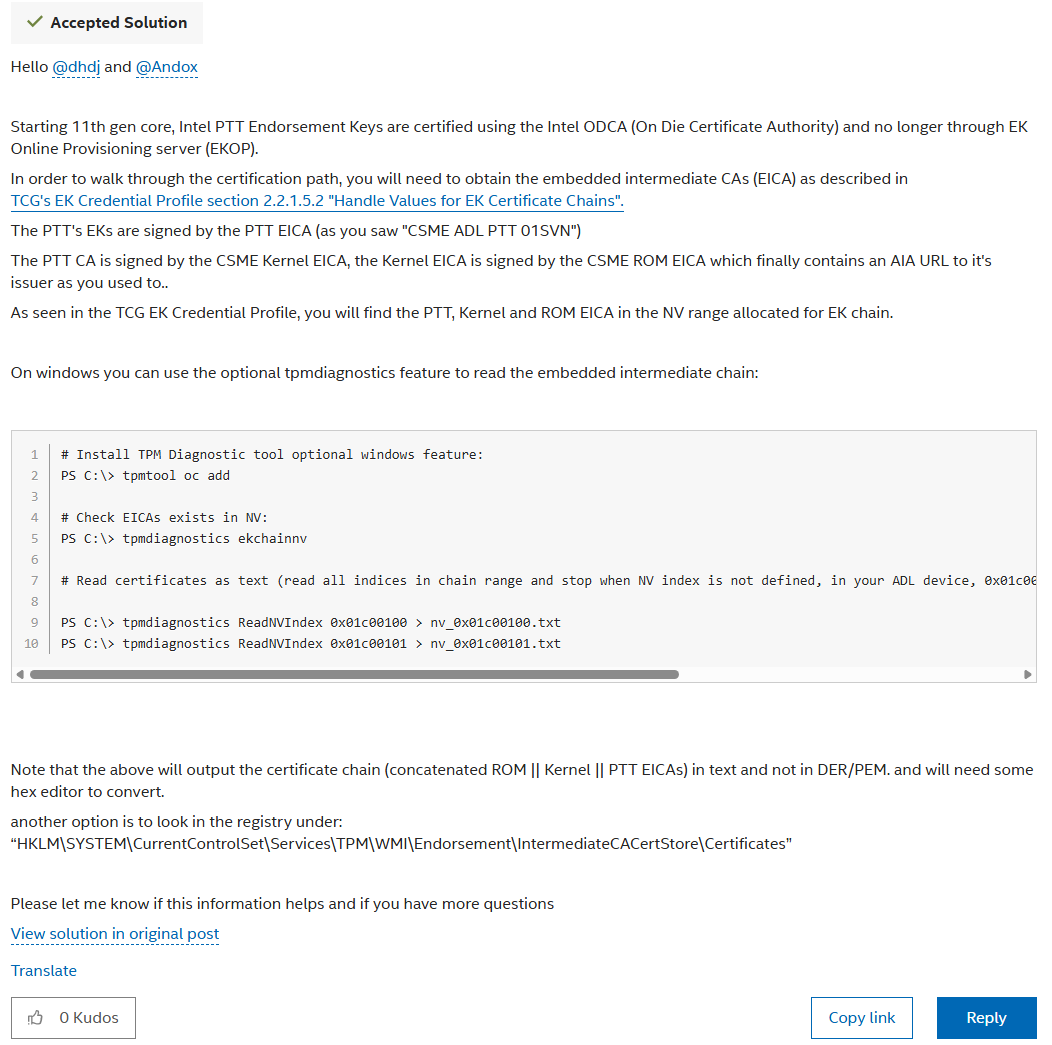 Intel forum confirmation about endorsement key regeneration